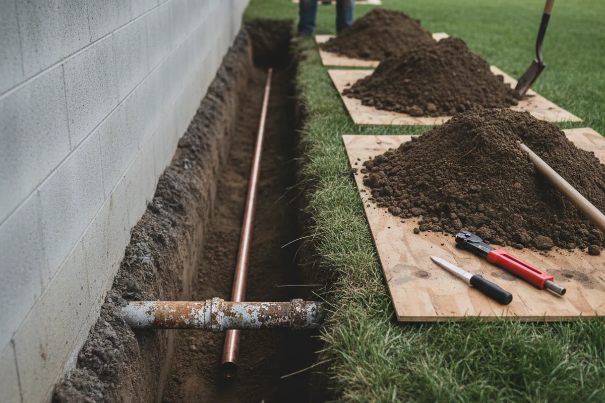 Excavated water line trench during Sewer Line Repair in Peoria Heights